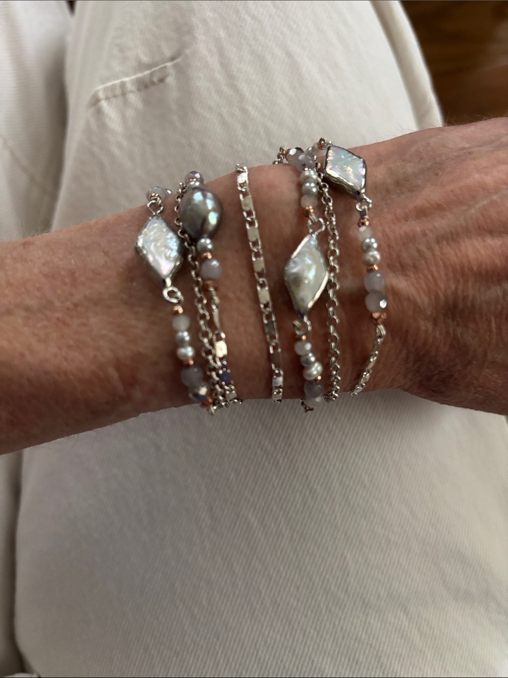 Multi-Row Beaded and Freshwater Pearls Silver Tone Statement Bracelet 7”